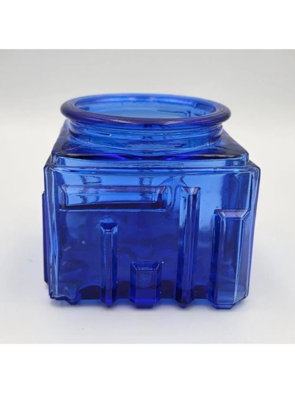 Cobalt Blue Art Deco Square Glass Vanity Powder Jar Textured No Lid 3.25